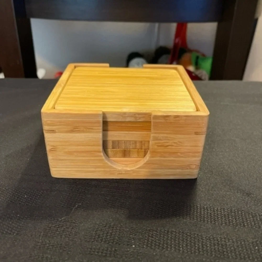 Bamboo 7 Piece Square Coaster Set 4.25”  Includes 6 Coasters & Caddy 1951.